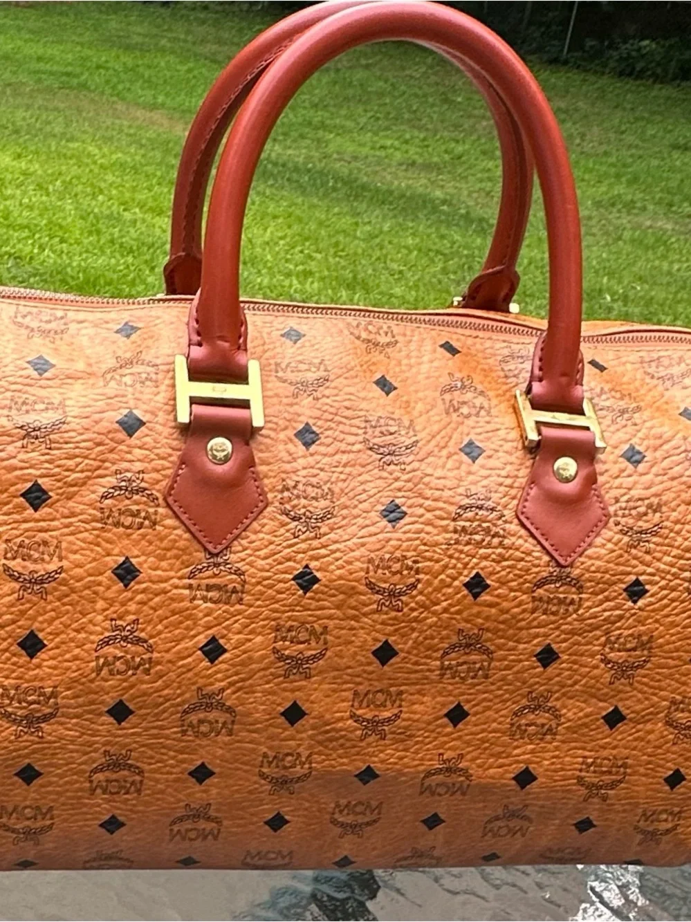MCM Tan Cognac Monogram Duffel with Brown Leather Handles